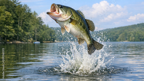 The jumping bass fish in the water.
