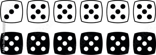Black and white flat dice vector icon set showing single pips and number five combinations for board games on white background
