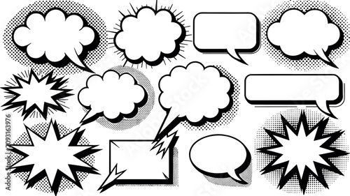 Comic speech bubble vector set with pop art halftone dots explosion clouds and retro dialogue balloons