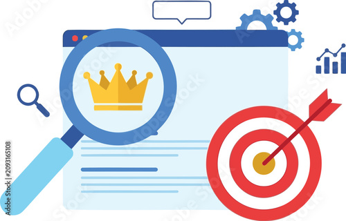 Web design, search engine optimization, targeting, crown icon, vector graphics