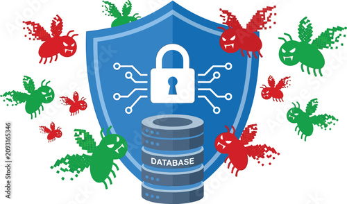 Cyber security, database protection, shield icon, bug virus defense, network safety