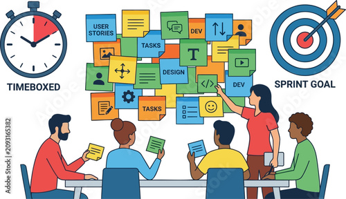 Business strategy, teamwork, and goal setting, colorful illustration of people working together, Agile project management, sprint goal and timeboxed workflow