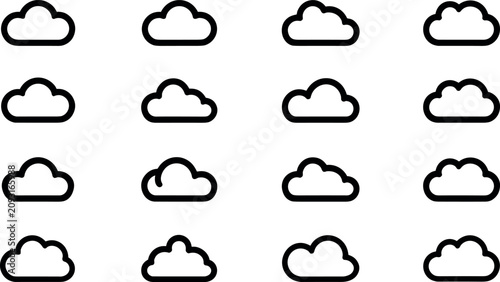 Bold cloud line icon set featuring clean black outlines for weather forecasting and digital computing apps