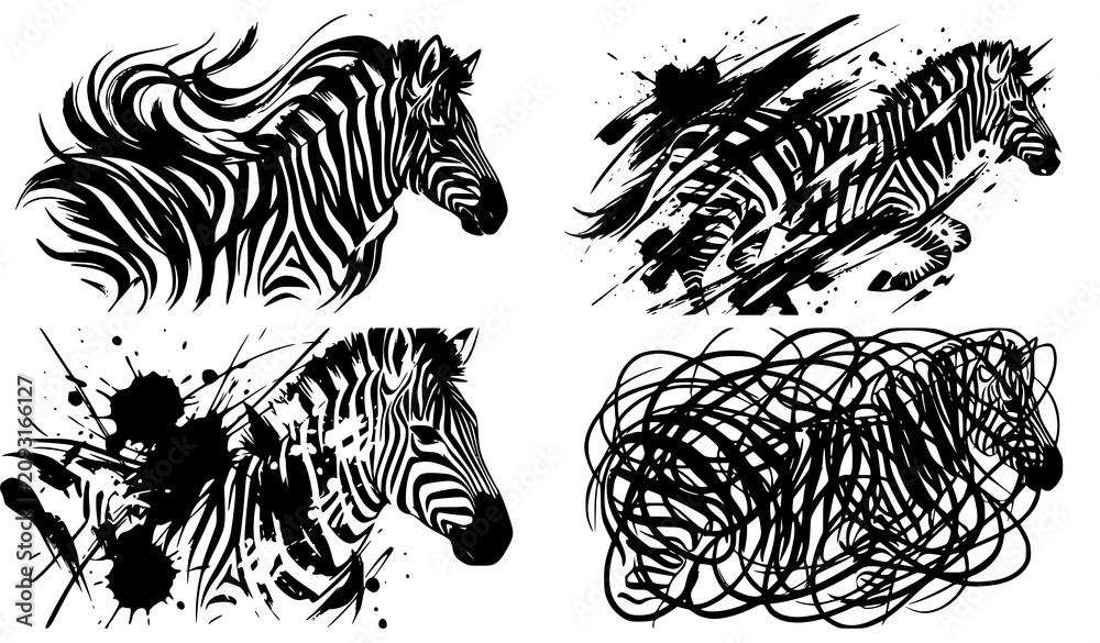 Obraz premium Expressive Zebra Head and Abstract Ink Splash Animal Illustration Collection with Artistic Brush Strokes