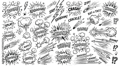 Obraz na płótnie Comic book sound effects set, hand drawn pop art speech bubbles and explosion cl