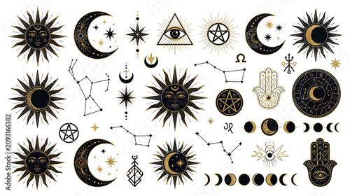 Mystical Celestial Symbols: Sun, Moon, Stars, Constellations, Eye, Pentagram