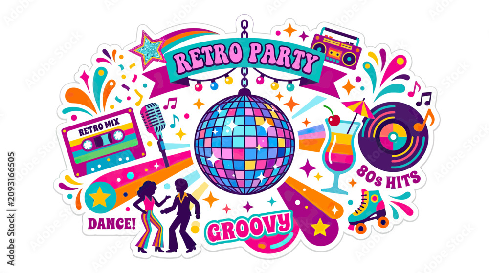 Fototapeta premium Retro Party 80s Disco Ball Music Cassette Roller Skates Dance Groovy