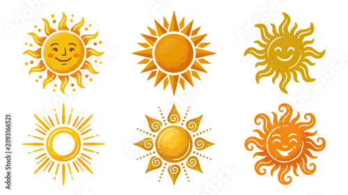 Fotografie Set of Six Stylized Sun Illustrations, Various Designs, Bright Yellow and Orange