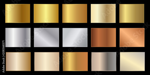 Foto Metallic gradient palette set with shiny gold silver bronze and copper plates on