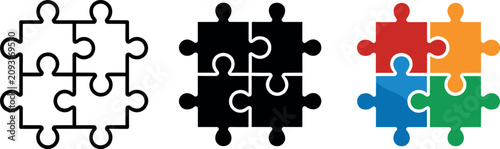Puzzle piece icon set featuring four parts in outline solid black and colorful styles for business teamwork solutions concept designs