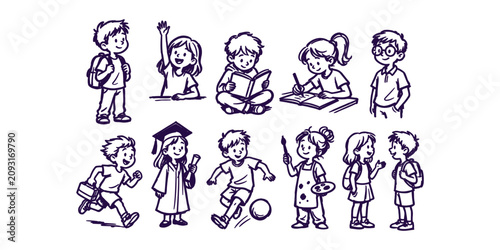 school children character collection and hand drawn student girl boy studying graduate running artist doodle icon set vector illustration
