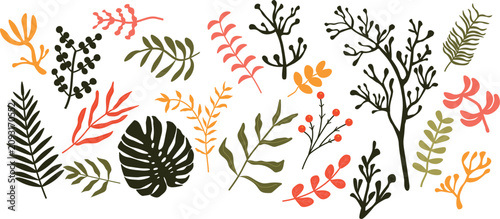 Set of vector plant elements, various branches, leaves on a transparent background, autumn theme