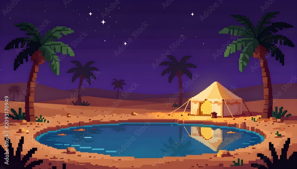 Obraz premium pixel art desert oasis glowing under moonlit night
