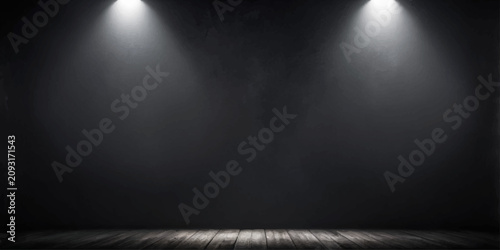 Obraz na plátně Two bright spotlights illuminate a dark, textured wall and a rustic wooden floor, creating a dramatic and atmospheric stage ready for performance