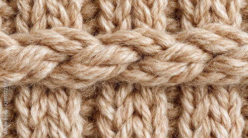 Naklejka Close-up macro shot of intricate, braided cable knit pattern in warm, natural beige wool yarn texture
