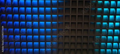 Bilde på lerret Gradient‑lit grid structure with square recesses transitioning from deep blue to cyan hues