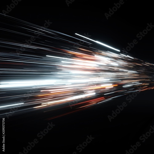 Bright streaks of white and orange light stretch across a dark background, creating a dynamic, fast-moving abstract effect