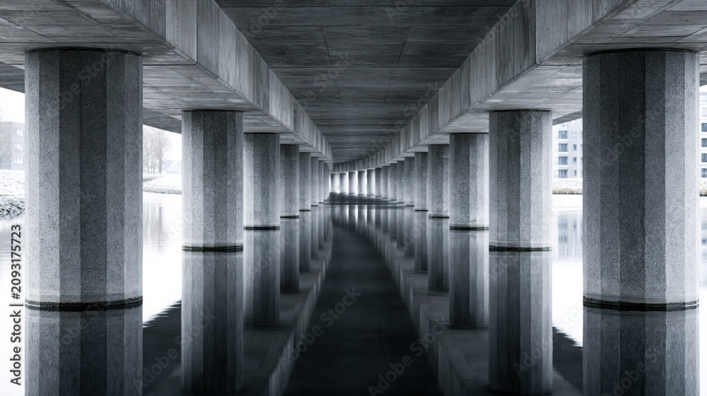 Obraz premium Perspective view of a modern concrete bridge structure with symmetrical columns reflected in calm water below