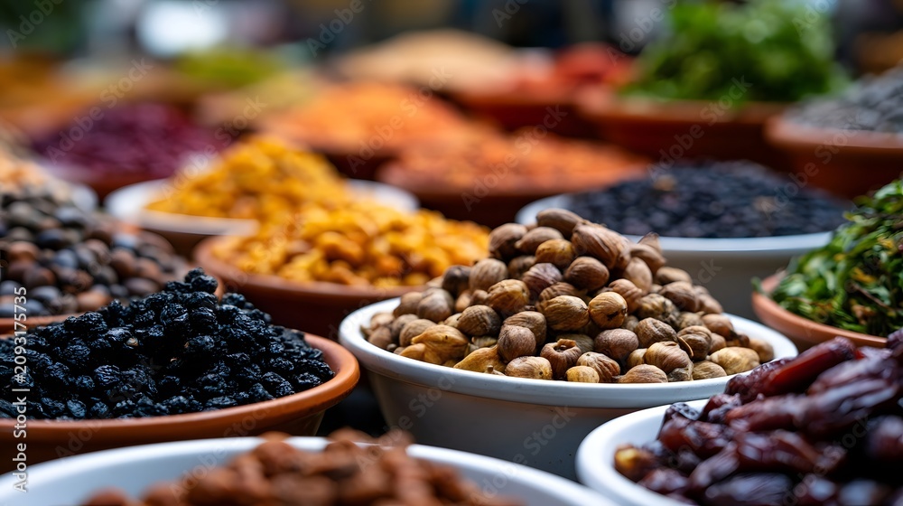 Obraz premium A vibrant market stall displays an array of colorful dried fruits and nuts arranged in ceramic bowls