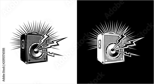 Vintage Speaker Emitting Sound Waves and Lightning Bolts.