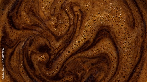 Ultra macro full-frame espresso crema texture featuring deep brown coffee foam, shimmering golden bubbles, rich organic patterns, premium beverage background