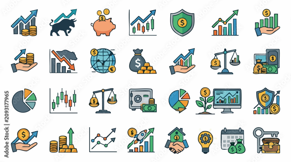 Fototapeta premium Vector icon set for finance, business growth, investment, and financial security