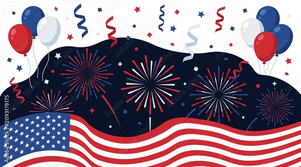 Obraz premium Illustration of an American flag waving with fireworks and balloons in the background on a celebratory night.