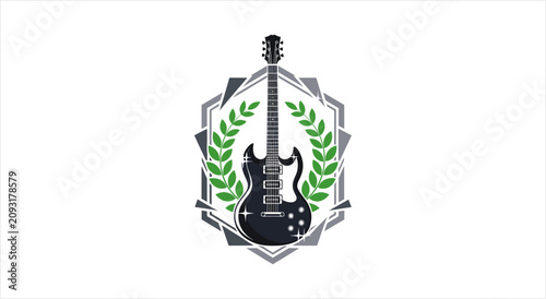 Photography Classic Electric Guitar Emblem with Laurel Wreath.