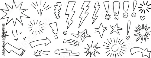 Obraz na płótnie Crayon drawn attention symbols featuring doodle emphasis marks, sparkle bursts, comic rays, manga starburst shapes, and sketch highlights