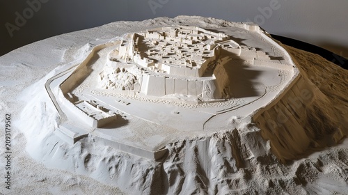 archaeological. Aerial view of a sand table model showing ancient city walls layout. real-estate listings.