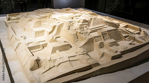 archaeological. Aerial view of a sand table model showing ancient city walls layout. real-estate listings.