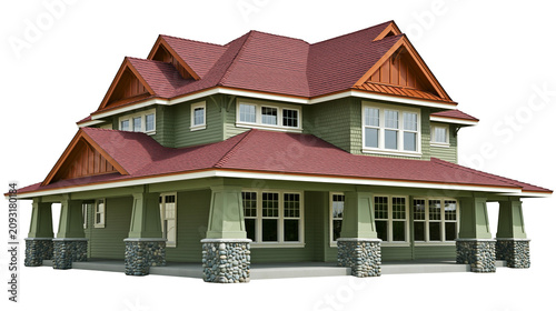 Tableau sur toile Craftsman style house with green siding and red roof