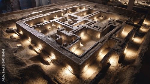 archaeological. Aerial view of a sand table model showing ancient city walls layout. real-estate listings.