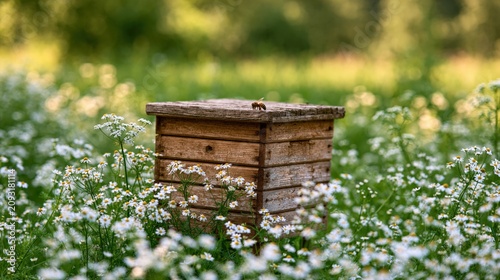 Rustic wooden beehive nestled in a vibrant meadow of white wildflowers with a bee on top, capturing the essence of nature and beekeeping.