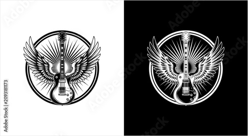 Photography Rock and Roll Electric Guitar with Angel Wings Emblem.