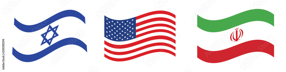 Obraz premium Flags of Israel, USA, and Iran waving. National symbols and international relations. Global politics and diplomacy.