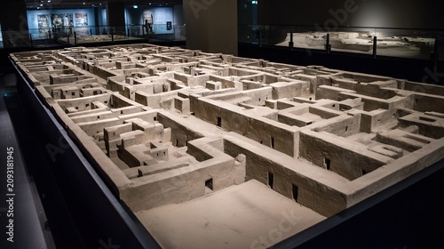 archaeological. Aerial view of a sand table model showing ancient city walls layout. real-estate listings.