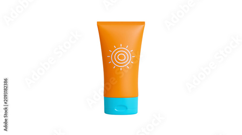 Fotografie Orange sunscreen tube with sun icon and blue cap