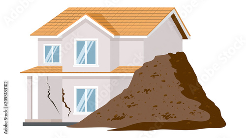 Canvastavla Cracked house partially buried by landslide debris