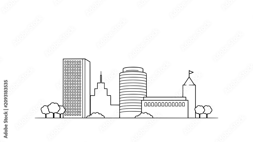 Obraz premium City Skyline with Minimalist Skyscrapers and Trees in Black and White Architectural Concept Illustration