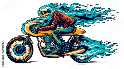 Canvas Print Skeleton rider on a vintage motorcycle with teal flames