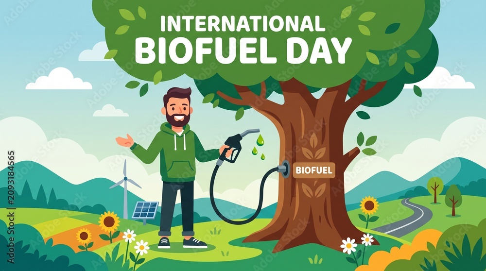 Fototapeta premium International biofuel day with man watering tree and gas pump, eco friendly