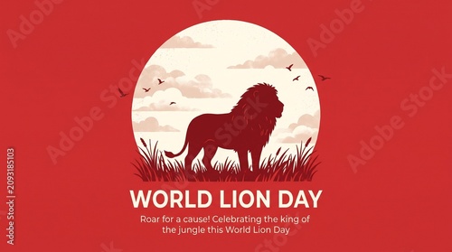 World lion day celebration with lion silhouette and birds flying in the sky