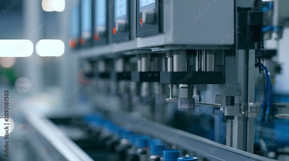 Fototapeta premium Modern automated phar eutical filling line with robotic arms and blue capped bottles moving along conveyor system