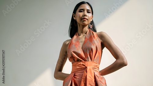 A woman wearing an orange patterned dress stands confidently against a plain wall with sunlight casting diagonal shadows
