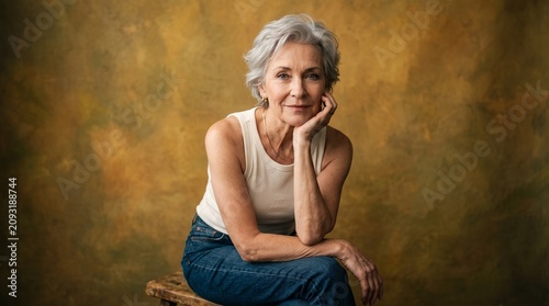 A serene senior woman with short grey hair, wearing a white tank top and blue jeans, sitting on a wooden stool against a warm, textured background.