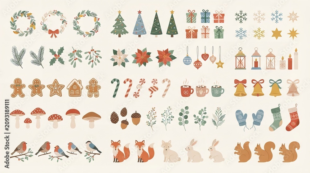 Obraz premium Seamless Christmas Floral Pattern with Flowers and Butterflies, Cute Winter Holiday Vector Set with Cartoon Icons, Snowman, Gift, Tree, Toys and Festive Decoration Elements Illustration Design