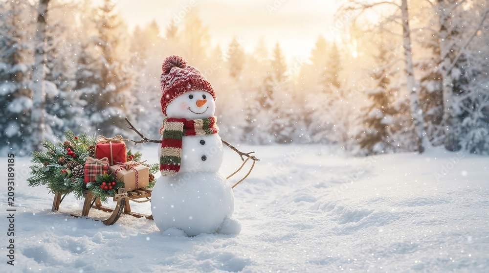 Fototapeta premium Cute Snowman Standing on Snow in a Winter Christmas Landscape with Festive Hat Scarf Snowflakes and Holiday Decorations for New Year Celebration