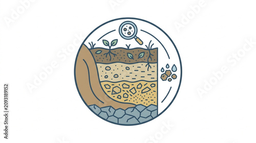 Canvastavla Cross section of soil layers with plant roots and magnifying glass illustration