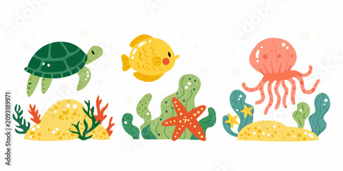 Tableau sur toile Sea turtle fish and jellyfish vector illustration with marine plants